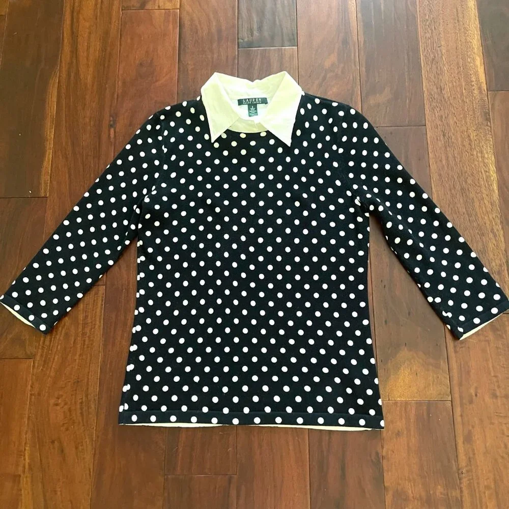 NWOT Ralph Lauren POLKA DOT WHITE COLAR KNIT TOP S - Picture 8 of 13